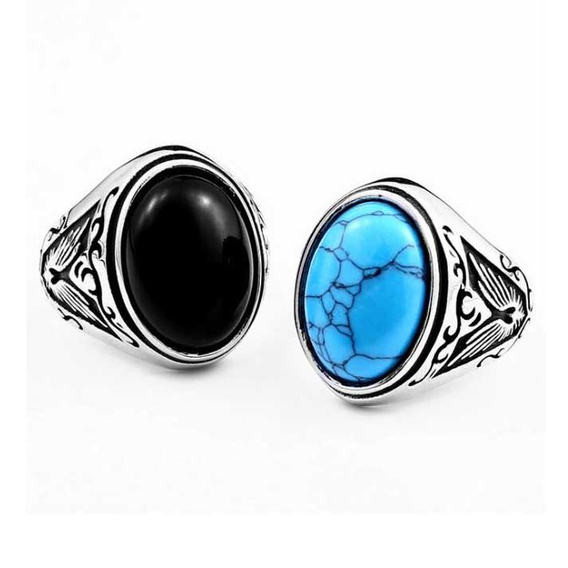 Turquoise &amp; Onyx Hitam Cincin Jari Perhiasan Fashion Punk Baja Titanium Perak Vintage