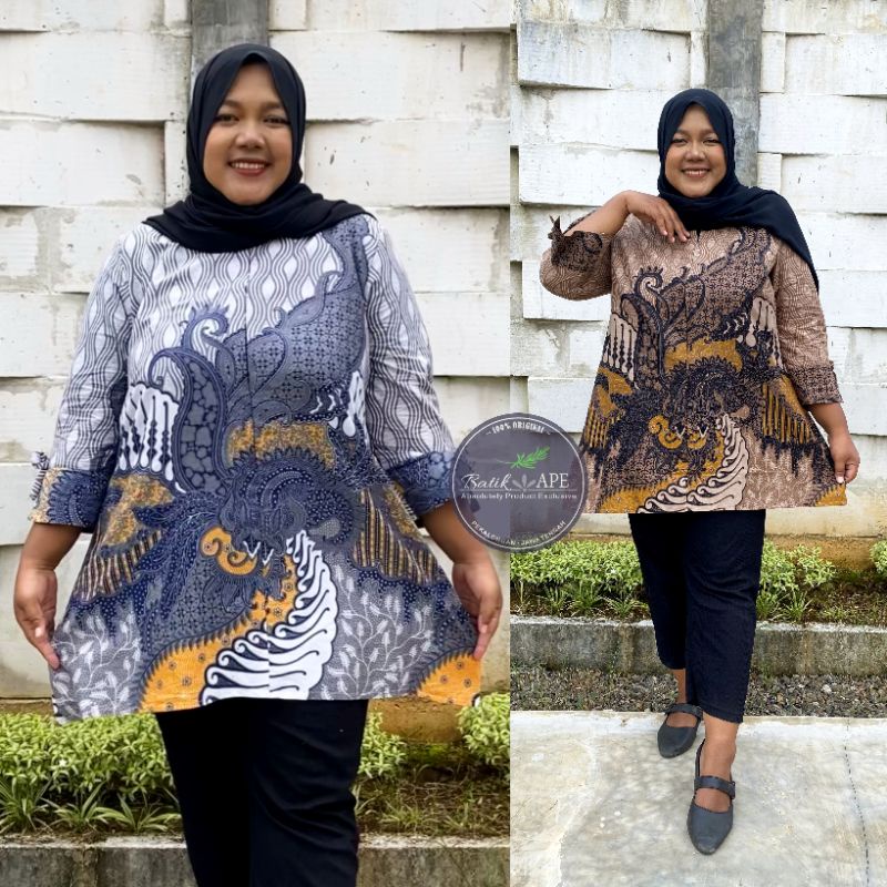 TUNIK JUMBO BIGSIZE 3L 4L 5L XXXXXL LD 120 130 140 LENGAN BELAH VARIASI SUPPORT BUSUI RISLETING DEPAN BATIK MOTIF ABU DAN MOCCA