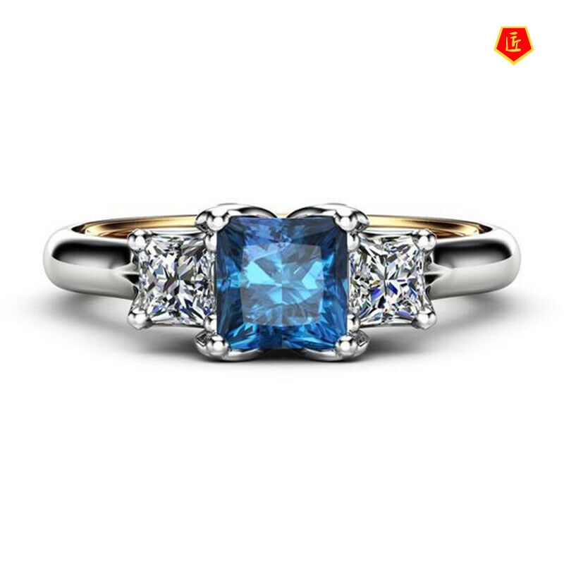 [Ready Stock]14K Gold Two-Color Navy Blue Topaz Square Diamond Ring for Women