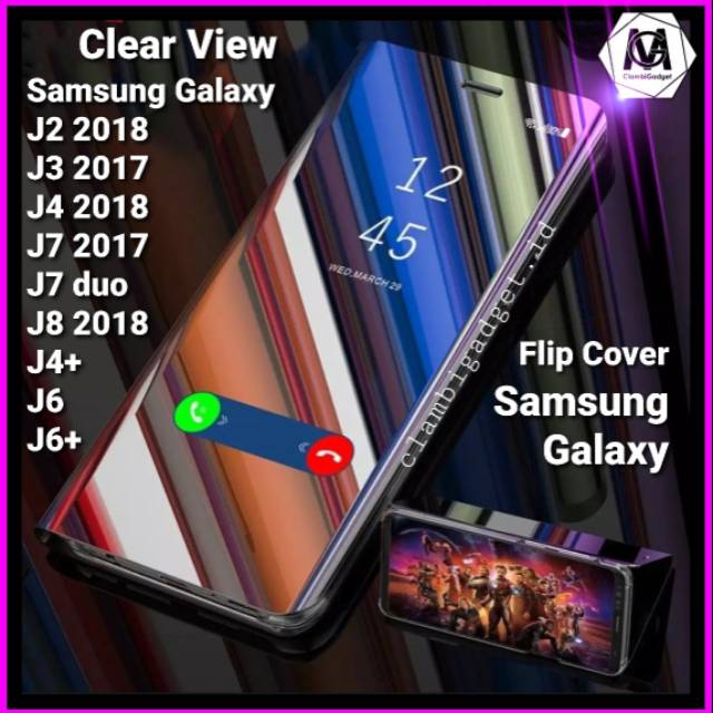 Casing Case Flip Cover Samsung J8 J7 Duo J6 Plus J4 J3 2017 J2 2018 Case Clear View Mirror Standing 