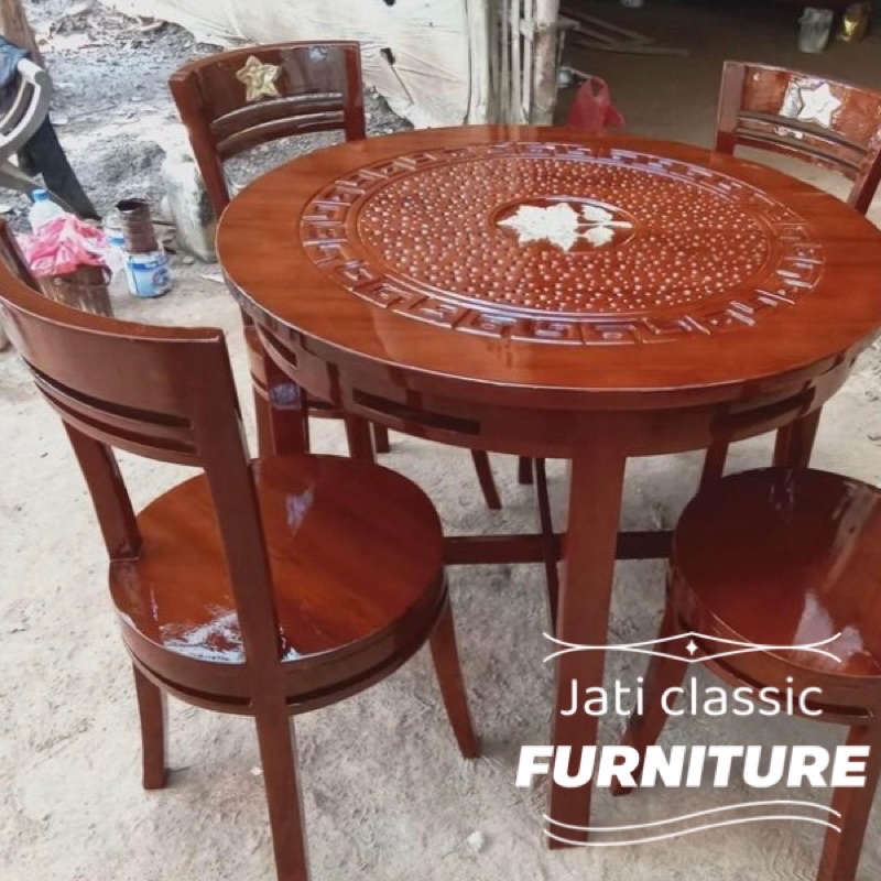 ( MEJA MAKAN BUNDAR UKIR) kursi makan ukir kursi 4 meja 1