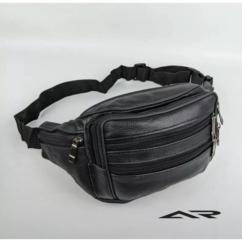 Tas Selempang Pria KULIT ASLI Waistbag Casual 7 Ruang Multi Fungsi