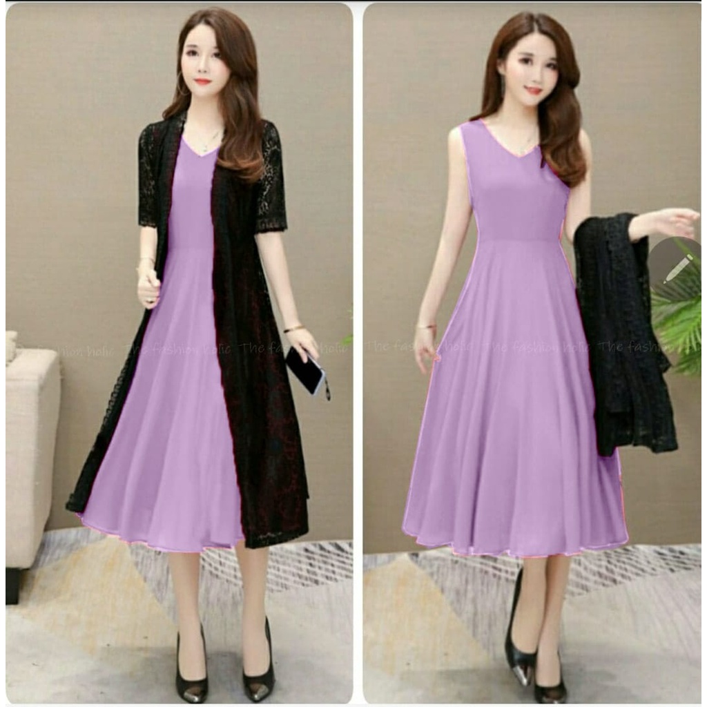 *[VLFK] Stelan Lovita / One Set Panjang Wanita / Setelan Dres dan Longcardi Wanita / Setelan 2in1 Korea