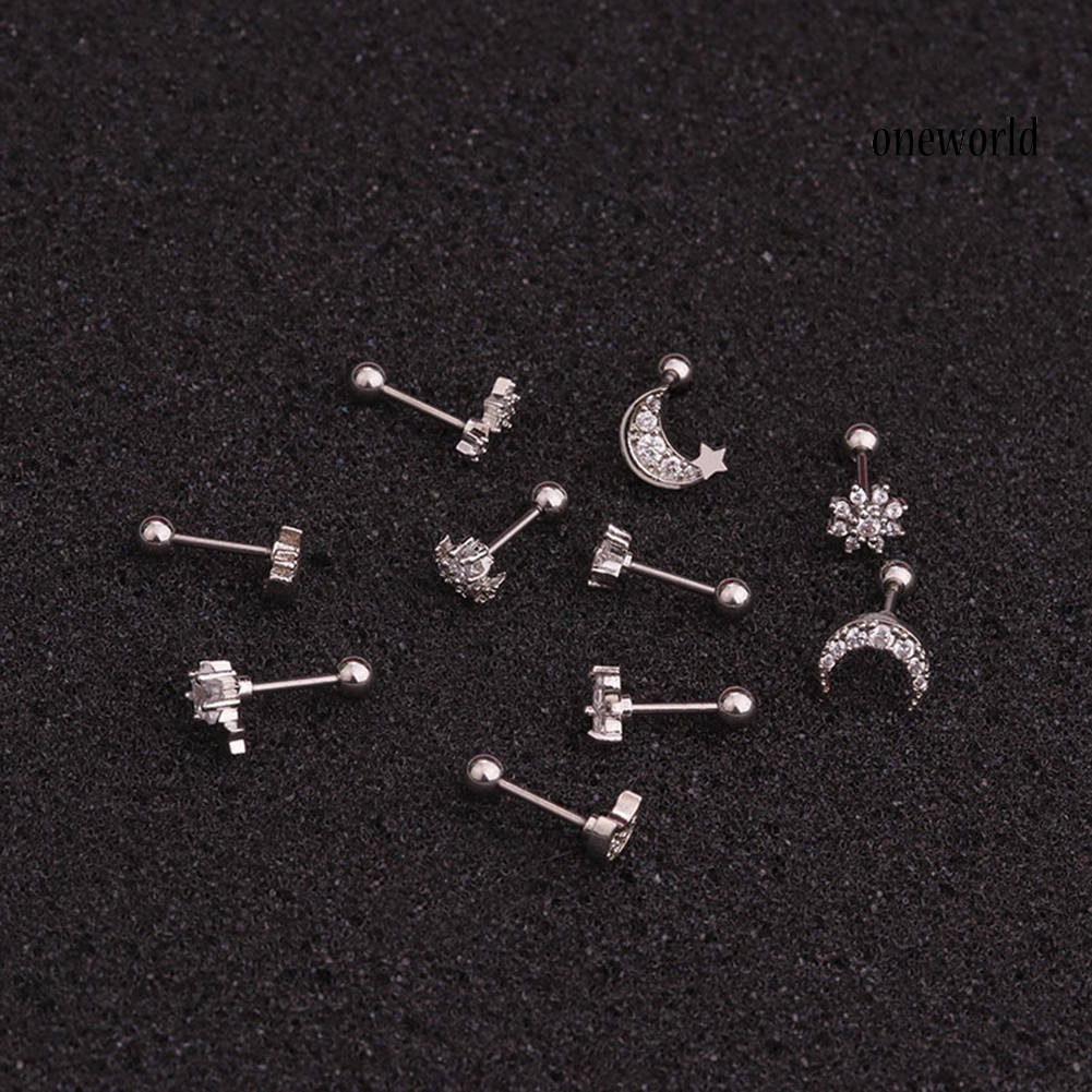 OW@ 1Pc Women Cubic Zirconia Inlaid Flower Star Moon Cartilage Stud Earring Jewelry