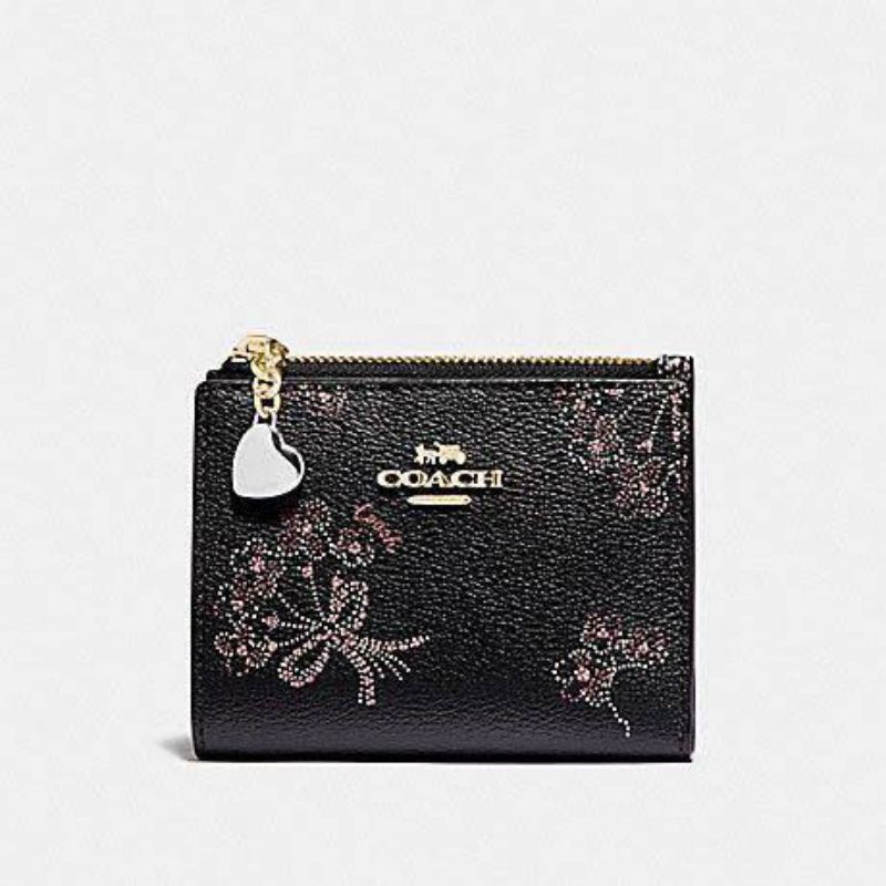 Coach Small Wallet In Signature Canvas Black Flower  (C76880)