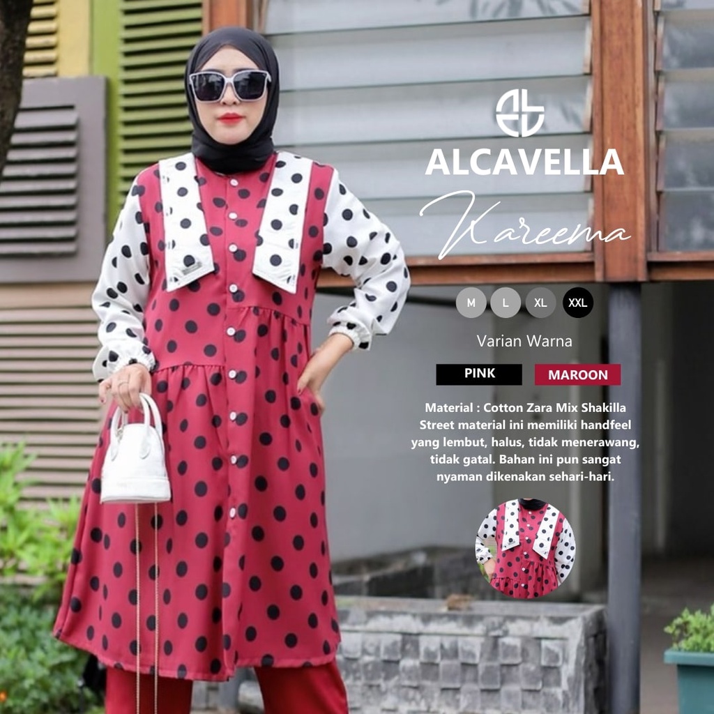 KAREEMA set by Alcavella - Baju Tunik Polkadot + Celana Set Panjang Bumil Busui Wudhu Friendly