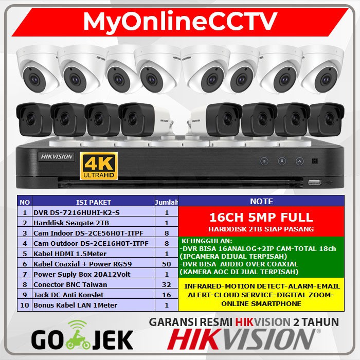 PAKET CCTV HIKVISION 16 KAMERA 5MP 4K FULL DVR 16 CHANNEL