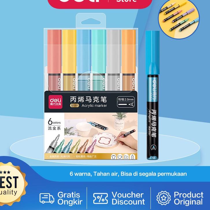 

04JⓂ Deli Acrylic Marker / Spidol Akrilik Papan Tulis / Kaca 6 Warna Pastel atau Metalik Anti Air S58X FRESHH