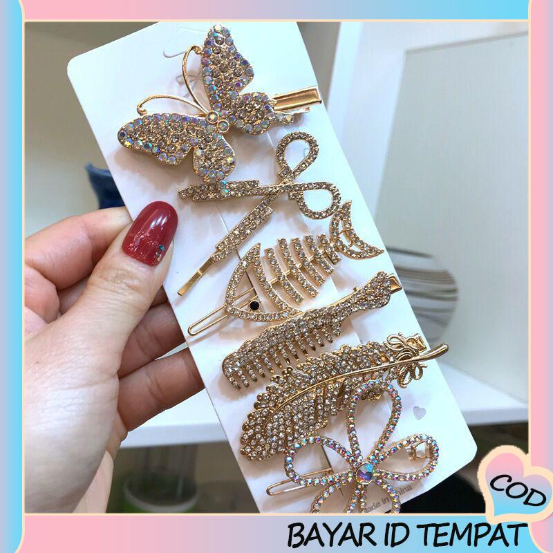 COD❤️ Fishbone Hairpin 6-Piece Set Aksesoris Rambut Vintage Set Dengan Diamond Pearl Edge Clip Bebek Paruh Clip-A.one