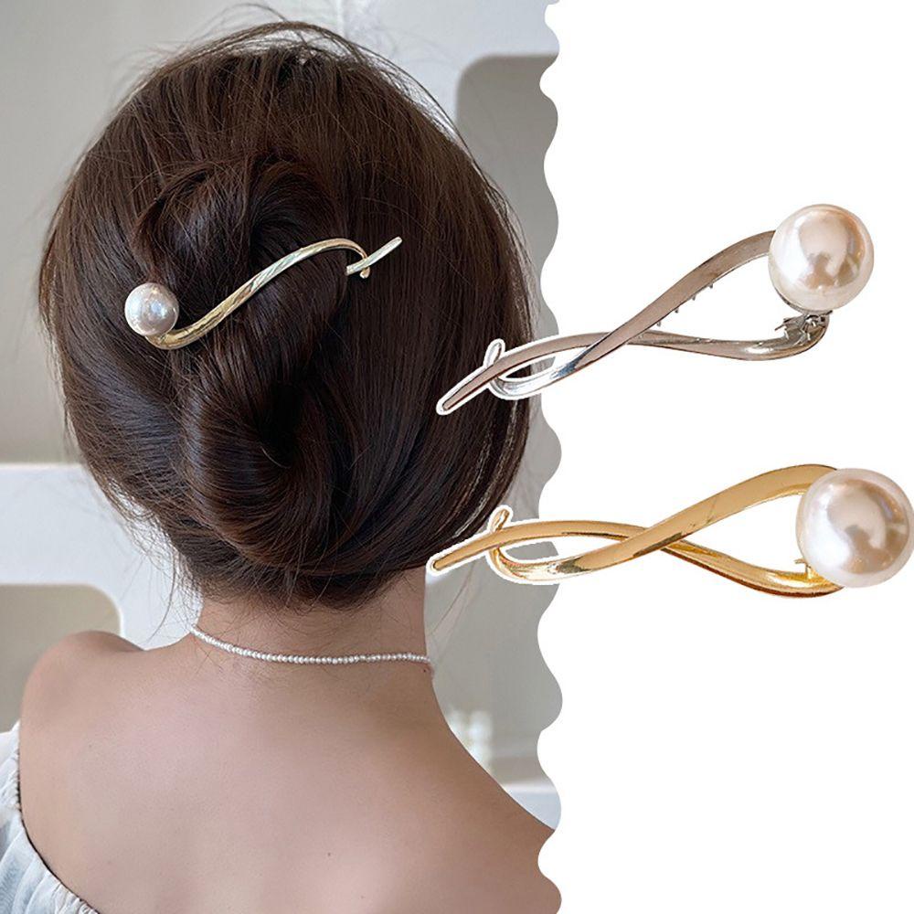 Needway   Klip Rambut Melengkung Sederhana Vintage Mutiara Kembali Kepala Perempuan Hiasan Kepala Ponytail Holder