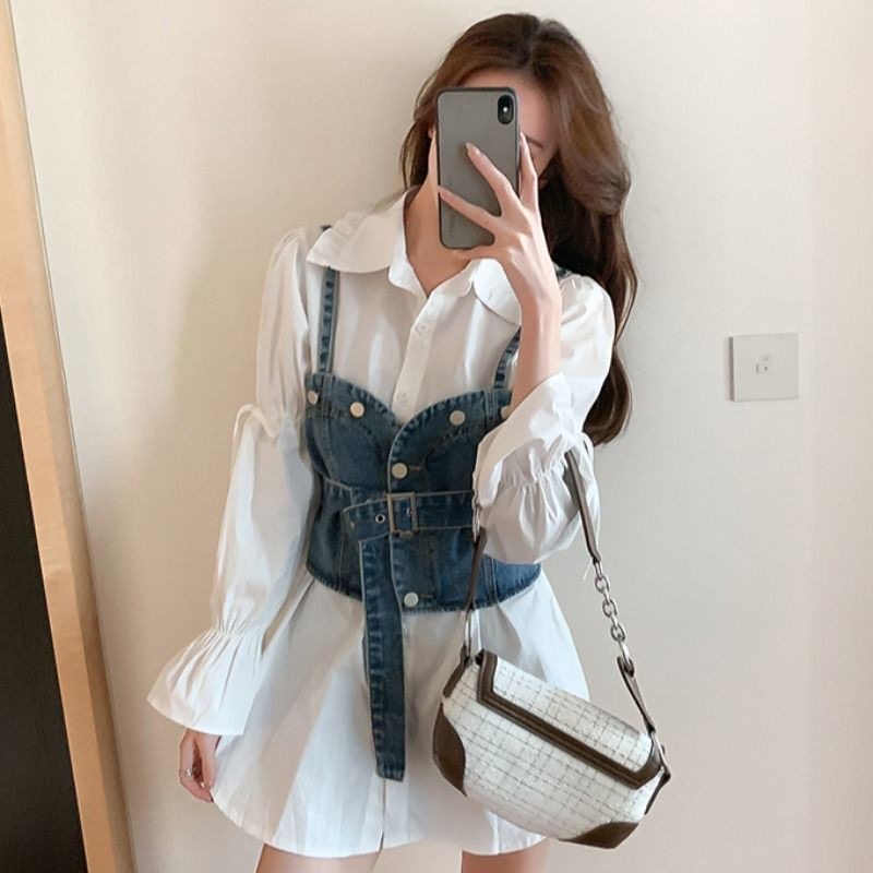 Kemeja + Vest Wanita RHEXIA Jeans set 2in1 Atasan Import - TM 2121