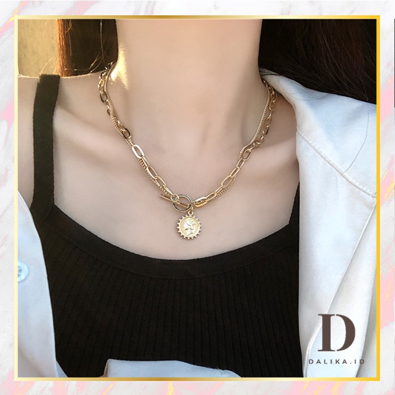 Kalung Choker Wanita Logam Ganda Liontin Koin Ratu Cantik Aksesoris Fashion Korea Dalika