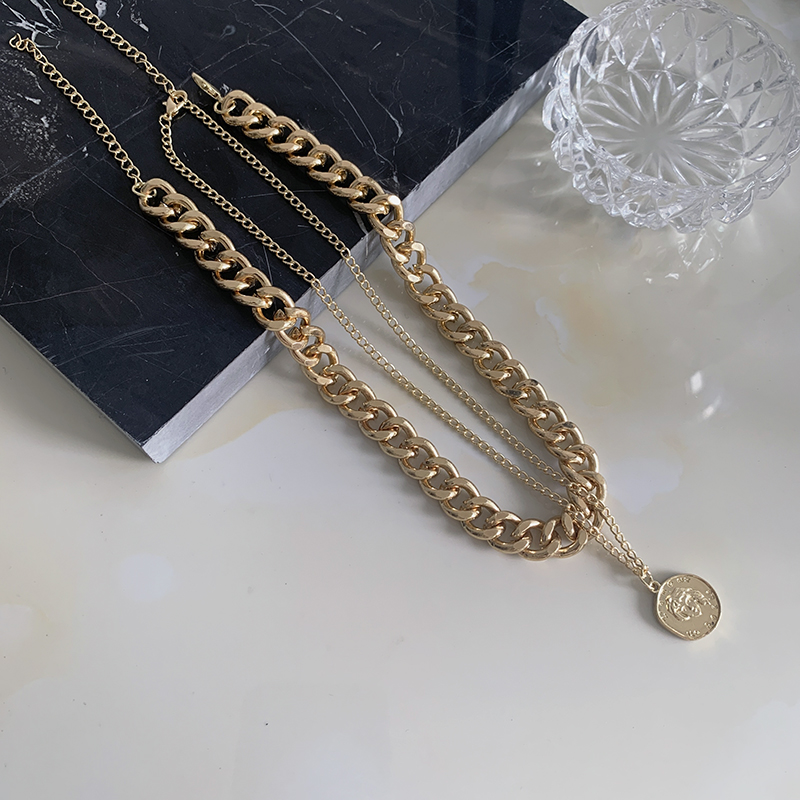 Metal Double Chain Necklace Accessories Human Head Coin Pendant Clavicle Chain Hip Hop