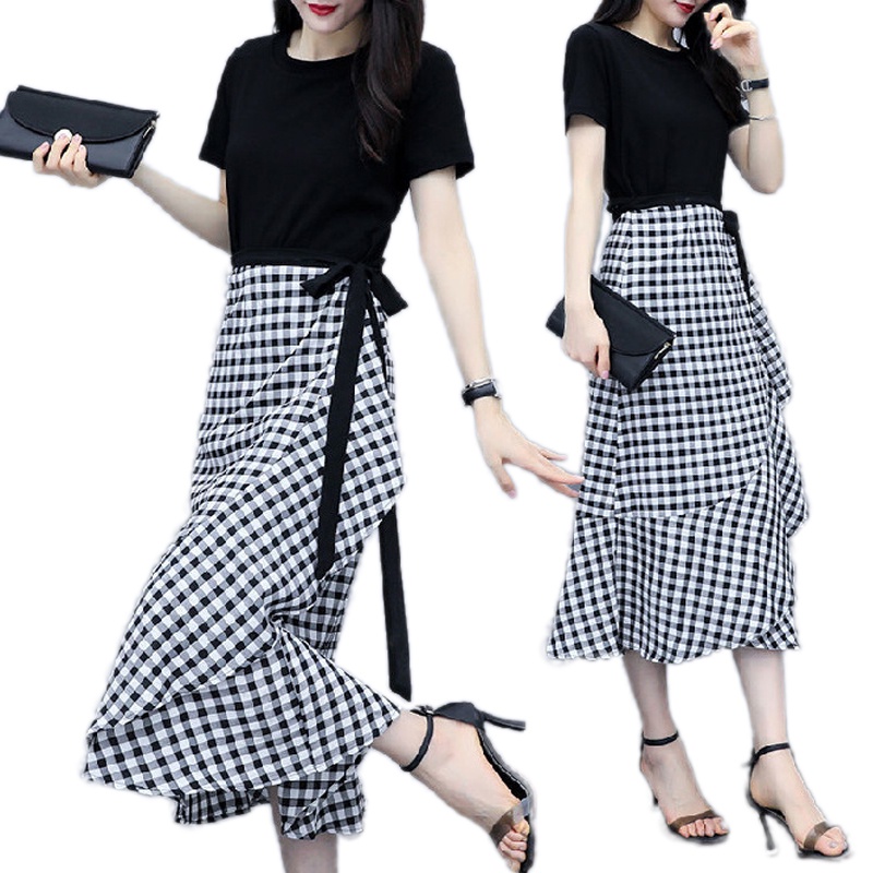 Ready Elegan M-4XL Setelan One Set Wanita Kaos Hitam Lengan Pendek + Wrap Rok Fishtail Kotak-kotak Stelan Kasual Ramping