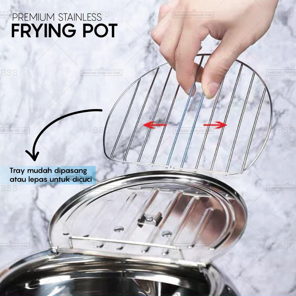 Frying Pot 2.2L Panci Wajan Goreng Tempura Udang Thermometer Premium Stainless Tray Peniris Minyak