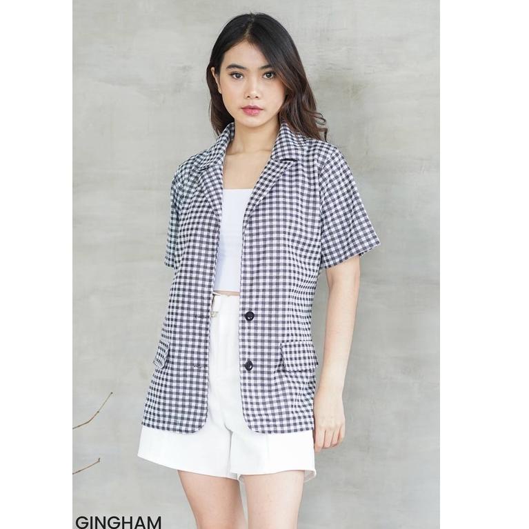 Br Blezer Wanita Korea Kerja Bleser Jas Kotak Kotak Formal Panjang Hitam Crop Wanita Korea JH62 M7W5