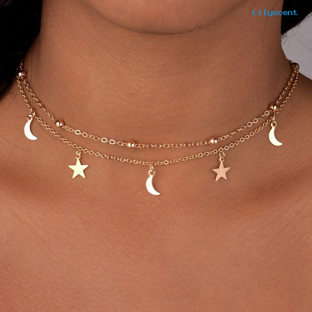 Kalung Choker Lapis Emas Dengan Liontin Bulan Untuk Pesta