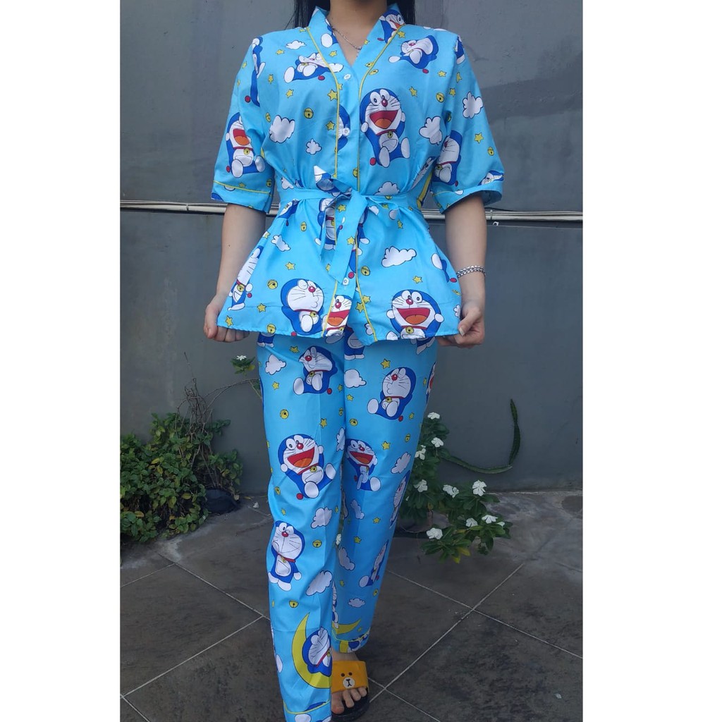 JNV Setelan Kimono CP Wanita Motif Karakter Kartun - Baju Tidur Kimono Lengan Pendek - Bahan Katun-Emon Moon Mini Biru