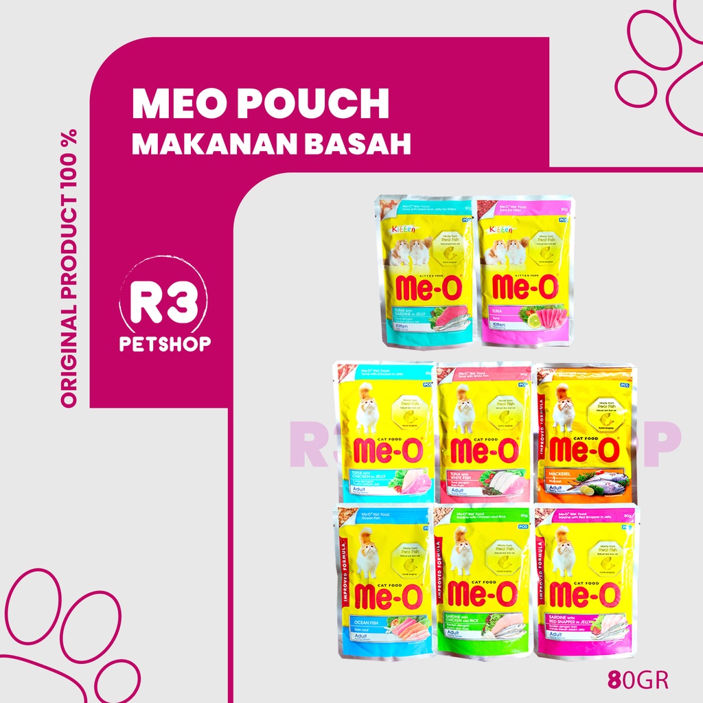 Makanan Kucing basah MEO pouch Adult &amp; Kitten All Variant 80gr @1dus 24pcs