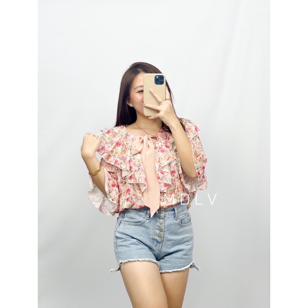 MDLV ~ 1789# Cadillac Tie Neck Top Blouse Flower Premium Fashion Import