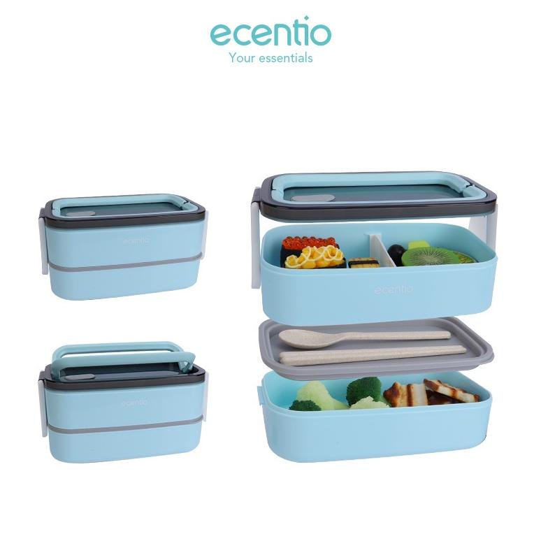ECENTIO LUNCH BOX KOTAK MAKAN BIRU 1600ML PORTABEL DOUBLE-LAYERS TAHAN BOCOR TEMPAT MAKAN TERMURAH ,