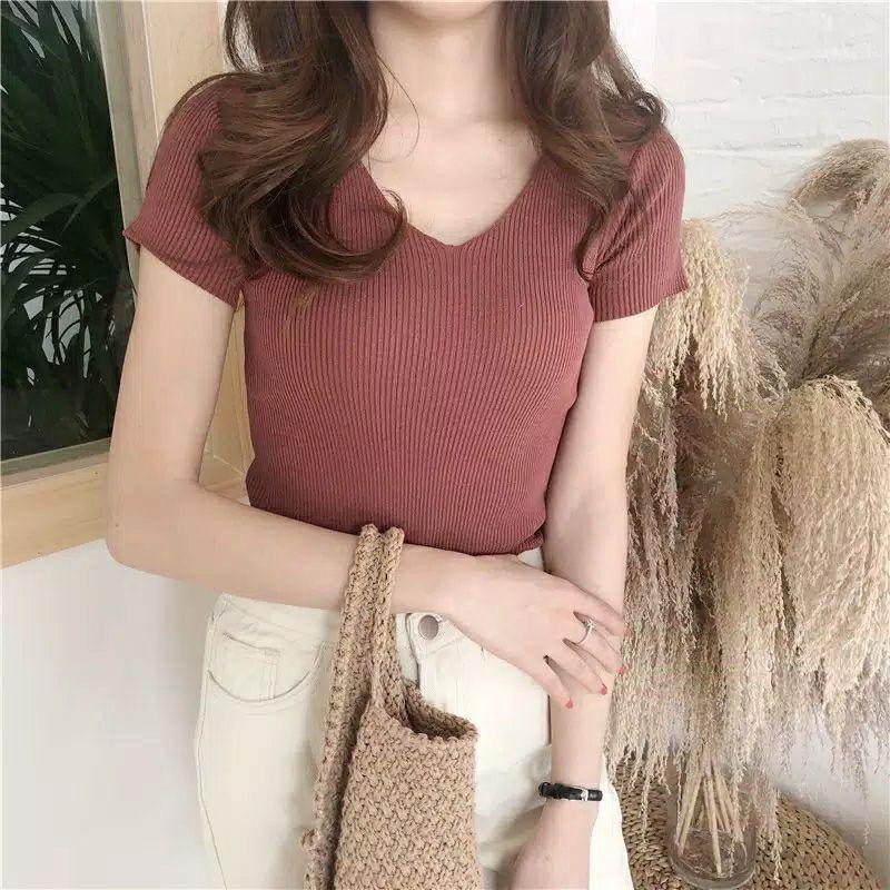 Queenbags89 baju outfit cewek baju atasan wanita baju Rajut V neck Afi