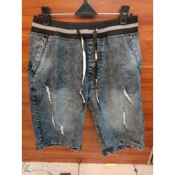 Celana pendek jean's sobek pinggang karet pria dewasa/celana jean's sobek