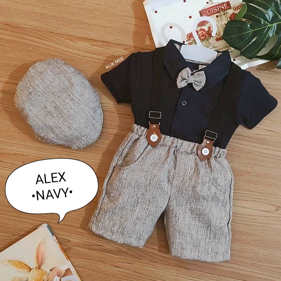 Jumper Anak Bayi Laki-laki / Setelan anak celana suspender  Motif Alex Free Dasi Dan Topi