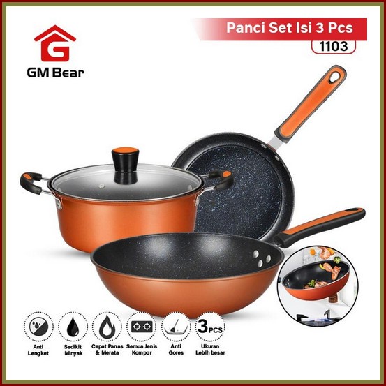 Paket Hemat Panci 1 Set 3 Pcs Serbaguna Stainless Super Anti Lengket / Gm Bear Set Panci Teflon Ma