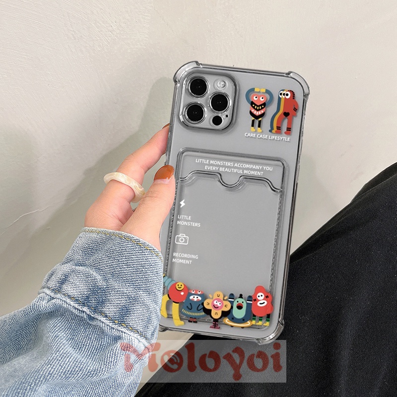 Soft Case Tpu Transparan Shockproof Kartun Monster Kecil Holder Kartu Kredit Untuk Iphone 6 6s 7 8 Plus 11 12 13 Pro Max Xr X Se 2020 Xs Max