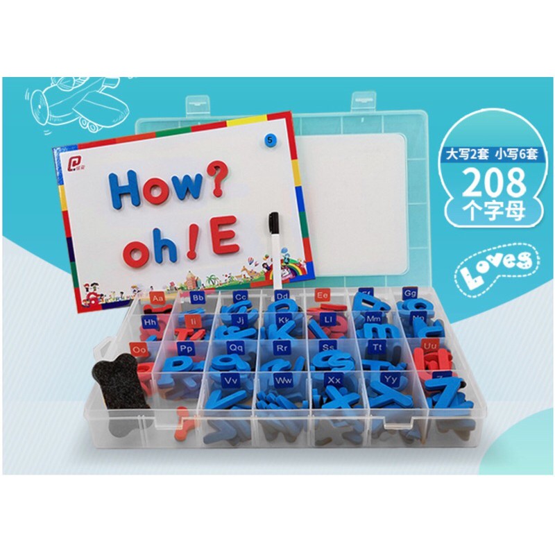 

moveable alphabet magnet 208 pcs, lebgkap dgn spidol kartu dan eraser serta papan tulis magnet