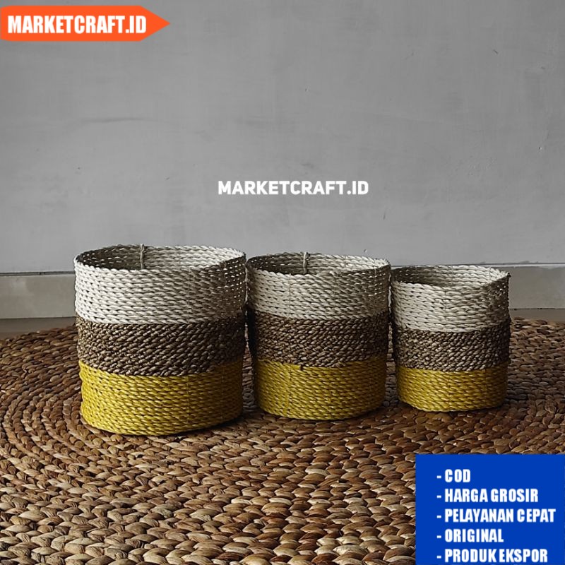 Pot tanaman hias/Mini pot/Cover pot/Pot anyaman/Pot aesthetic - Putih Coklat Kuning