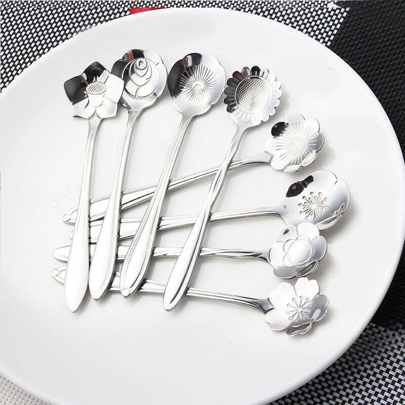 8pcs / set Sendok Kopi / Teh / Es Krim / Sup / Dessert Bentuk Bunga Sakura Bahan Stainless Steel