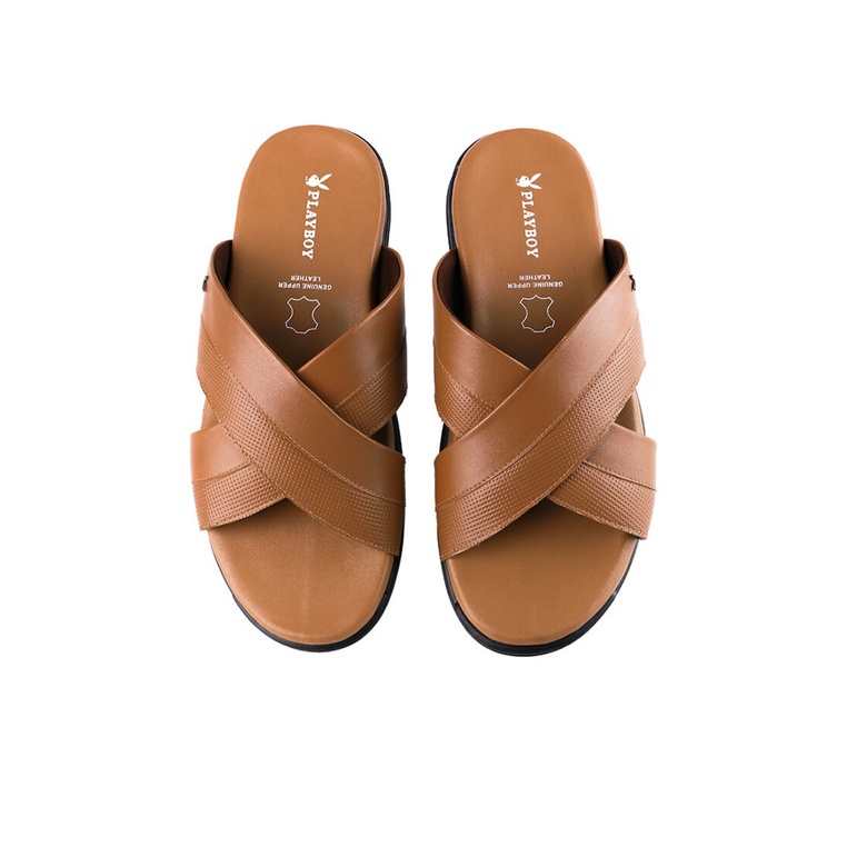 SANDAL SLIDE KULIT PLAYBOY PRIA ORIGINAL CASUAL BRANDED COKLAT PL30