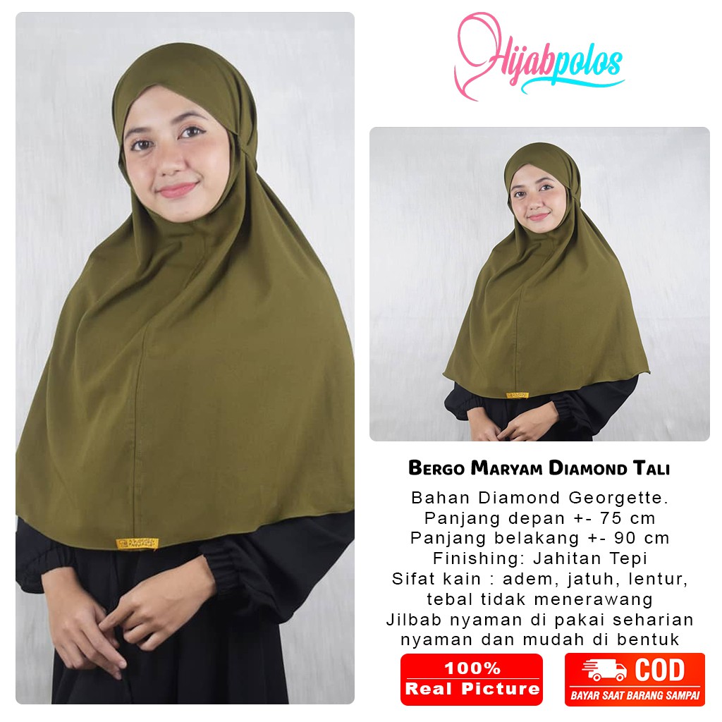 BERGO MARYAM DIAMOND HIJAB INSTAN TALI WARNA HIJAU ARMY TERBARU KUALITAS PREMIUM