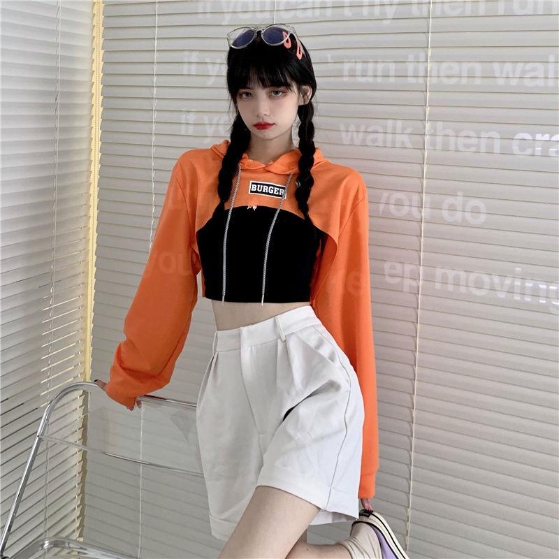 [✅BISA COD] #Sisjuly# Dua Potong Sesuai Xuan Ya Street Dance Hip-Hop Longgar Dicetak Pendek Lengan Panjang Hoodie Cropped