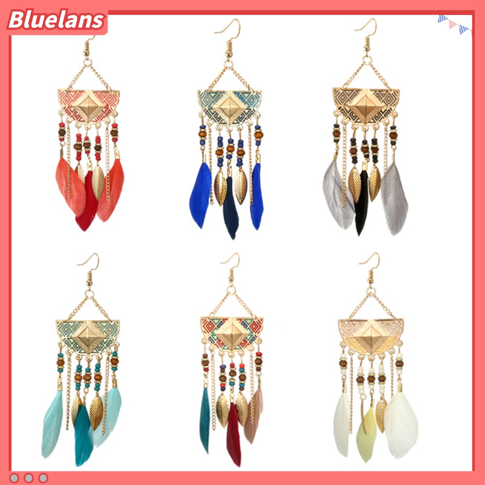 Anting Kait Bentuk Kipas Aksen Manik-Manik Rumbai Bulu Gaya Bohemian Untuk Wanita