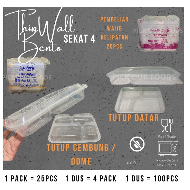 THINWALL BENTO SEKAT 4 CEMBUNG (DOME) 25 pcs ( 1 pack ) | THINWALL BENTO MURAH