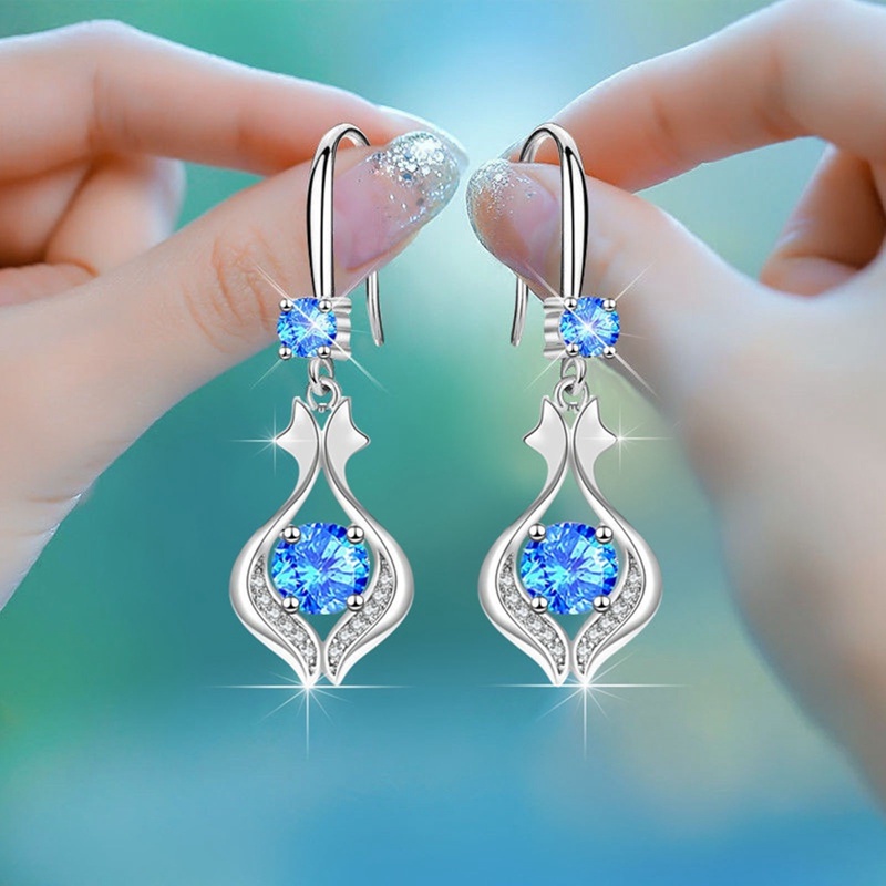 Anting Juntai Cubic Zircon Warna Putih Pink Biru Untuk Wanita