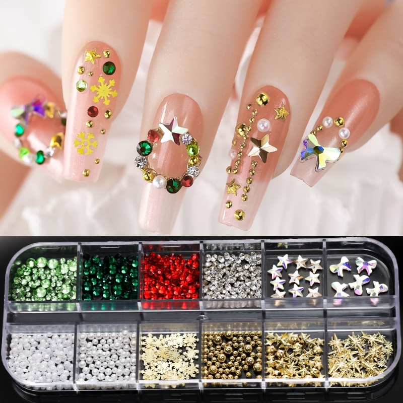 Zzz Hiasan Kuku Bentuk Snowflake + Mutiara + Berlian Imitasi Bahan Metal Untuk Nail Art / Manicure DIY