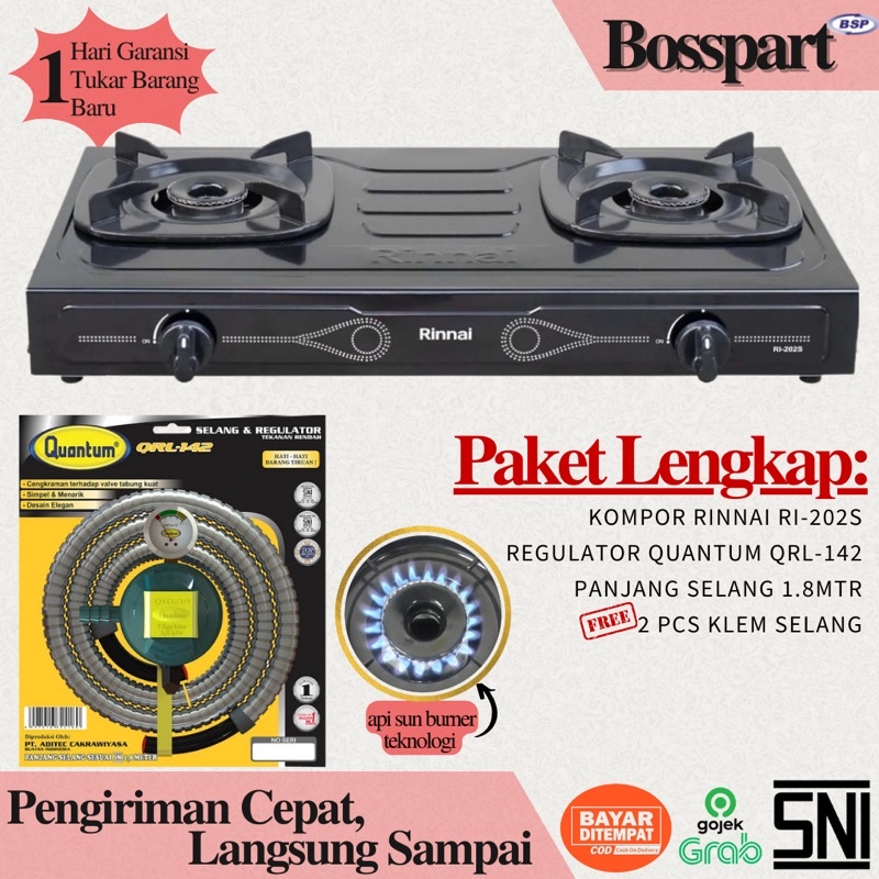 Paket Kompor Gas Rinnai 2 Tungku RI-202s bonus selang regulator gas Quantum / Kompor Rinnai RI202s