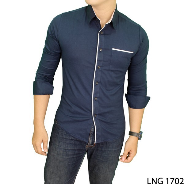 Kemeja Casual Pria Lengan Panjang Slimfit Katun Stretch Dongker – LNG 1702