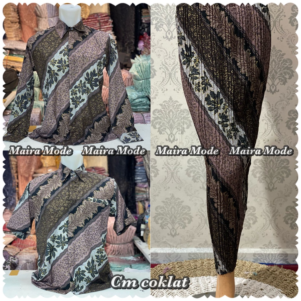 Couple batik kemeja dan rok plisket / set rok plisket dan kemeja batik / motif cm coklat