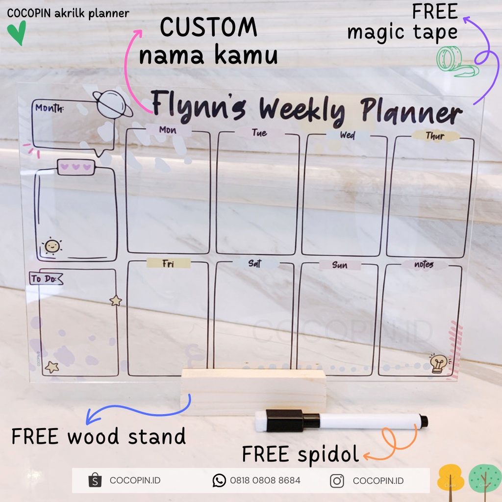 

COCOPIN Acrylic Planner / Custom Nama / Weekly Akrilik Planner / Monthly Planner / To Do List / Premium / Hampers / Goodybag / Planner Estetik / Souvenir Ulang Tahun