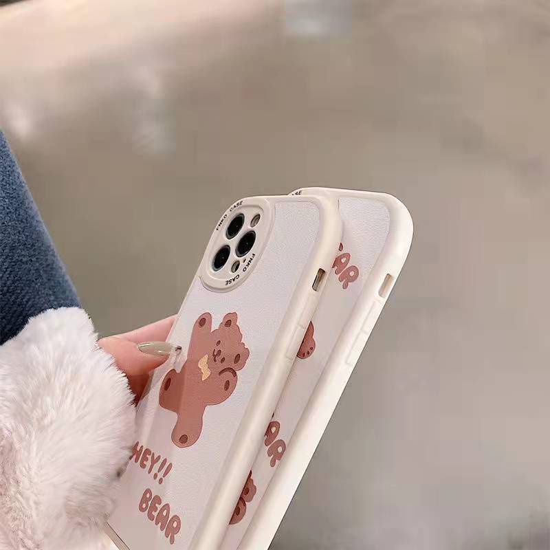 Soft Case Bahan Kulit Motif Kartun Beruang Oval Untuk iPhone 13 13pro 13prm 11 7Plus 8Plus Xr XS 13 12pro Max