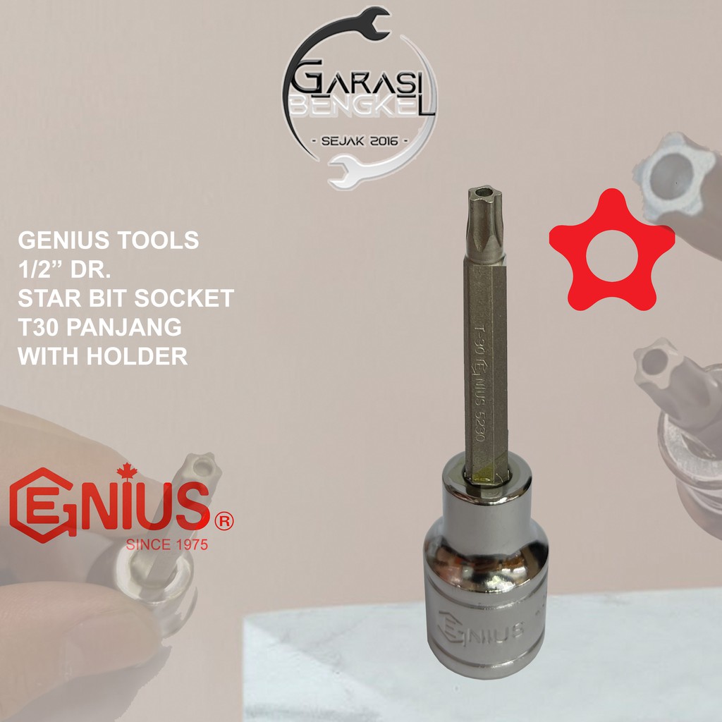 Genius Tools Kunci bospom Star Bit Socket T30 Dengan Lobang Shock Bintang Lubang T-30 Panjang