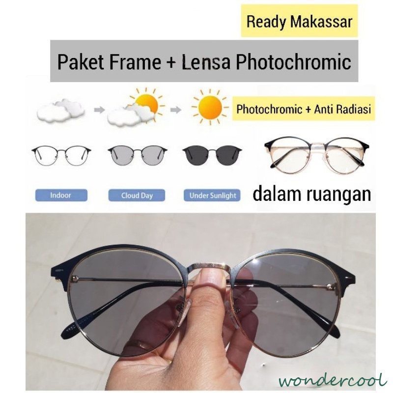 [2 In 1 Photocromic] Kacamata Lensa Photocromic + Anti Radiasi Blueray (Bluechromic) Pria Wanita Frame Besi Photochromic-Won