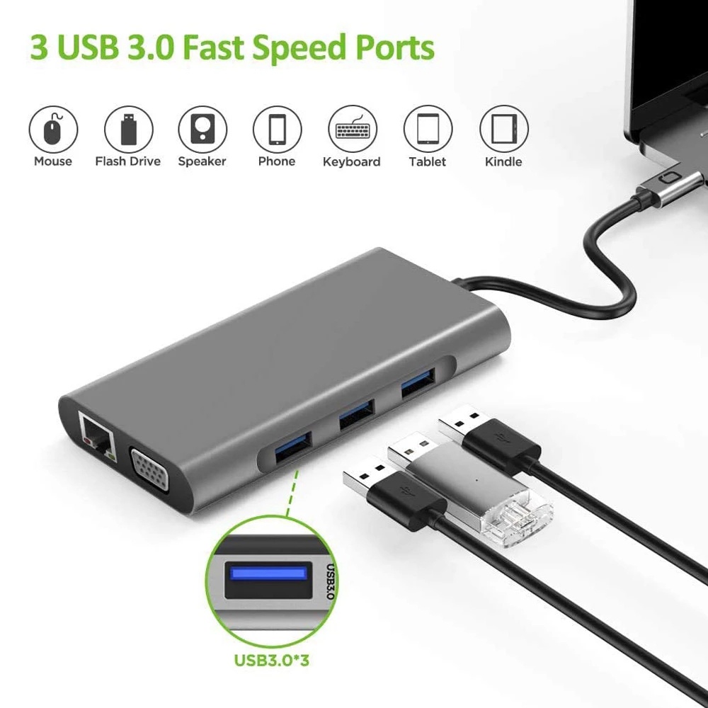 [Ready stock] 10 in 1 Adapter Usb Hub Tipe-C Ke Hdmi 4k Vga Rj45 Lan Ethernet Sd Tf Jack Audio Video Untuk Pro Otg