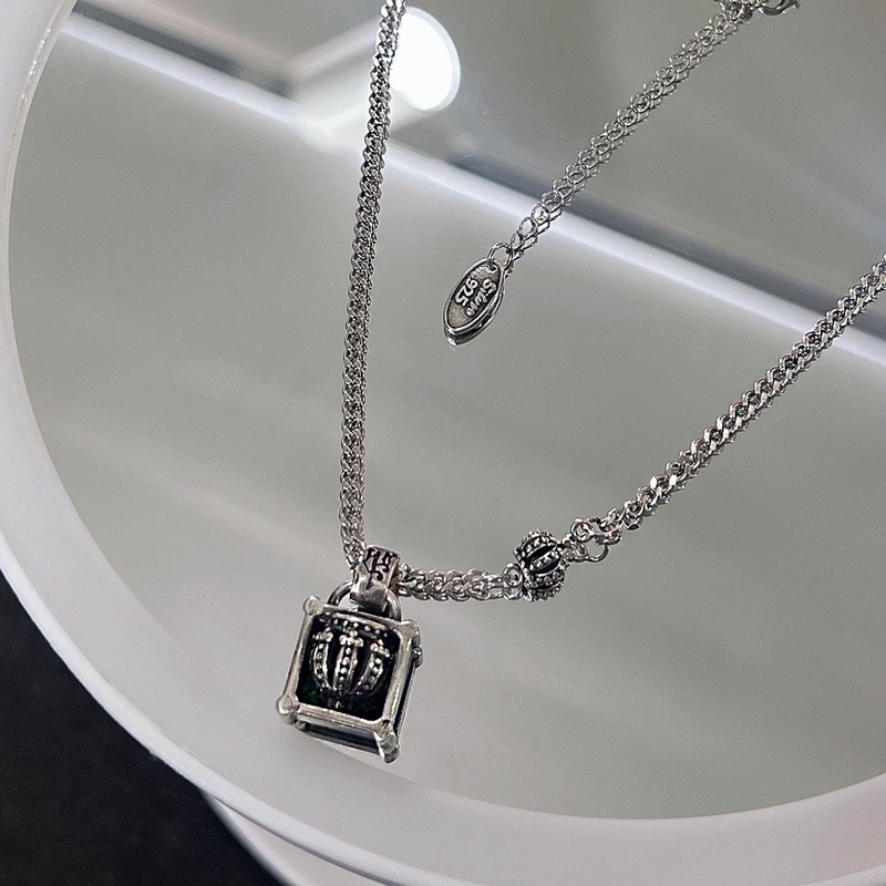 Kalung Rantai Sterling Silver 925 Dengan Liontin Mahkota + Batu Zircon Hijau Ala Thailand Untuk Wanita