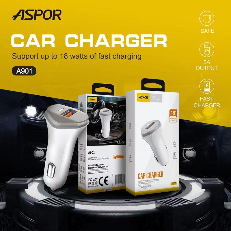 Aspor Car charger fast charging USB with Led pengisian daya  cepat